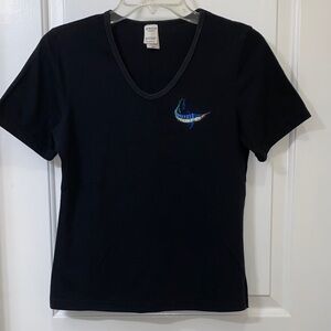 Classic Black V-Neck Tee with Embroidered Marlin